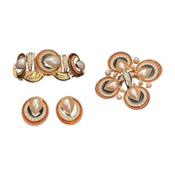 Vintage 90’s Jackie Orr Spanish Style Black & Copper Pearl & CZ Set - Picture 1 of 10